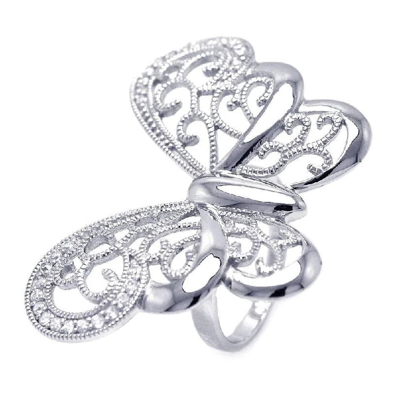 ladies ring refined open band-Clearance-Silver 925 Rhodium Plated CZ Large Butterfly Ring - STR00830