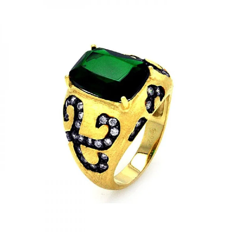 ladies ring bold geometric shape-Clearance-Silver 925 Black Rhodium and Gold Plated Green Center and Clear CZ Cigar Band Ring - STR00855