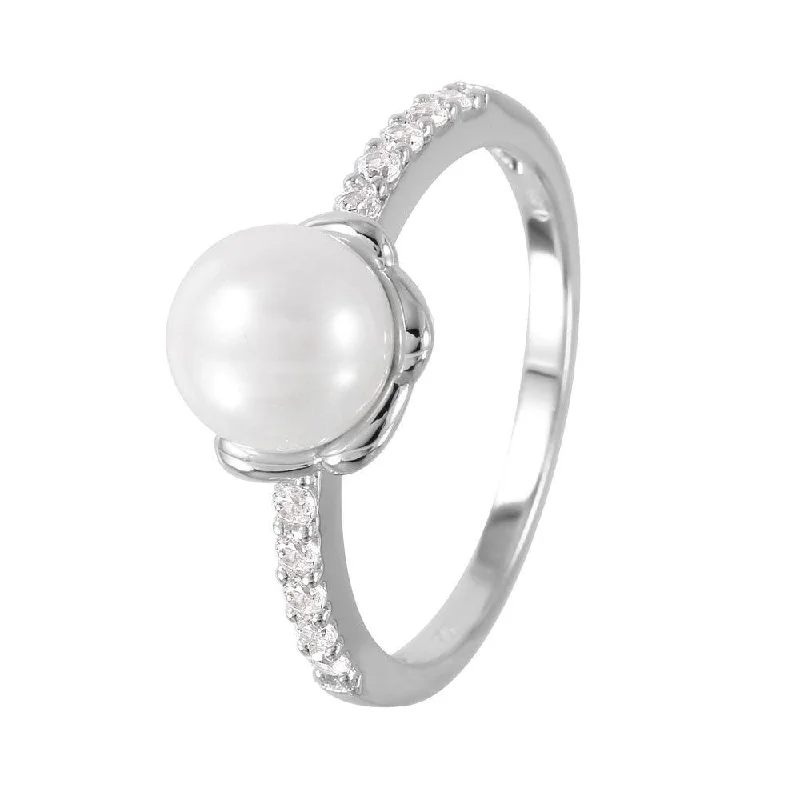 ladies ring unique vine pattern-Silver 925 Rhodium Plated Faux Pearl CZ Accent Ring - GMR00056