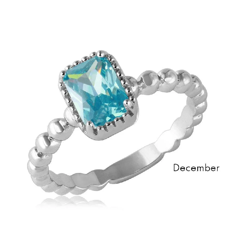 ladies ring satin zirconia-December Sterling Silver 925 Rhodium Plated Beaded Shank Square Center Birthstone Ring - BGR01081DEC