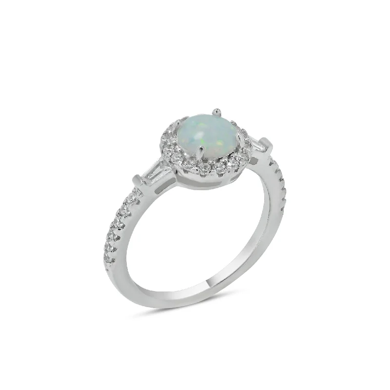 ladies ring graceful wave pattern-Rhodium Plated 925 Sterling Silver Round Halo Opal CZ Ring - BGR01303