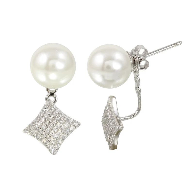 ladies-gift-diamond-earrings-Rhodium Plated 925 Sterling Silver Synthetic Pearl and Diamond-Shaped Front and Back Earrings with CZ - BGE00568