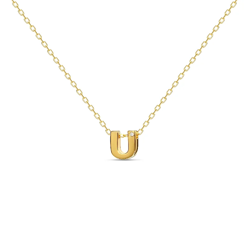 ladies-minimalist-pearl-necklace-Diamond Letter Necklace "U" - 18 karat gold vermeil on sterling silver, diamond 0.01 carat