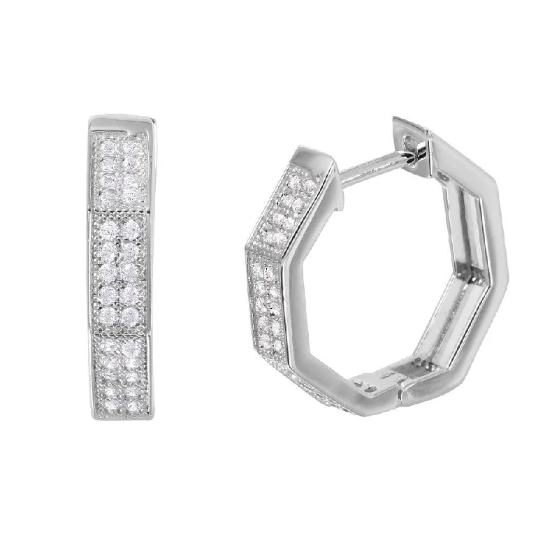 ladies-dangle-crystal-earrings-Silver 925 Rhodium Plated Octagon CZ huggie hoop Earrings - GME00031