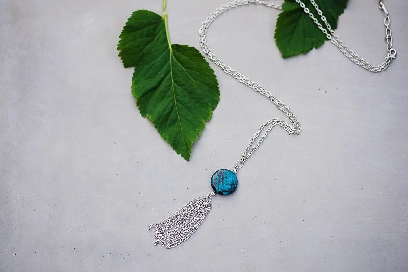 ladies-tassel-long-necklace-Teal Tassel Necklace