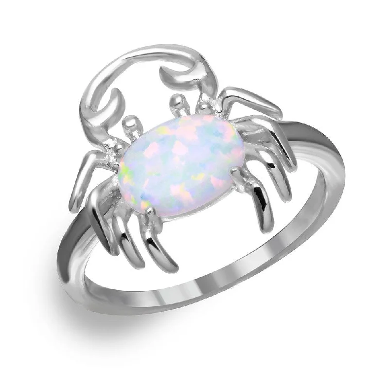 ladies ring animal paw print-Silver 925 Rhodium Plated Crab Design Ring with Synthetic Opal and CZ - BGR01050