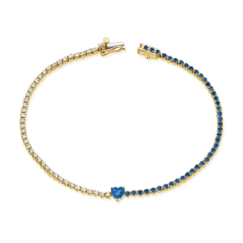 Ladies bracelets for game nights -Luxurious 14K Gold Sapphire Heart and Diamond Tennis Bracelet