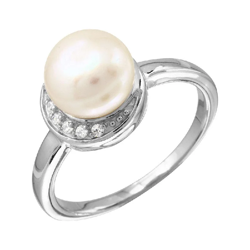 ladies ring rustic branch design-Rhodium Plated 925 Sterling Silver CZ Crescent Ring with Fresh Water Pearl - BGR01095