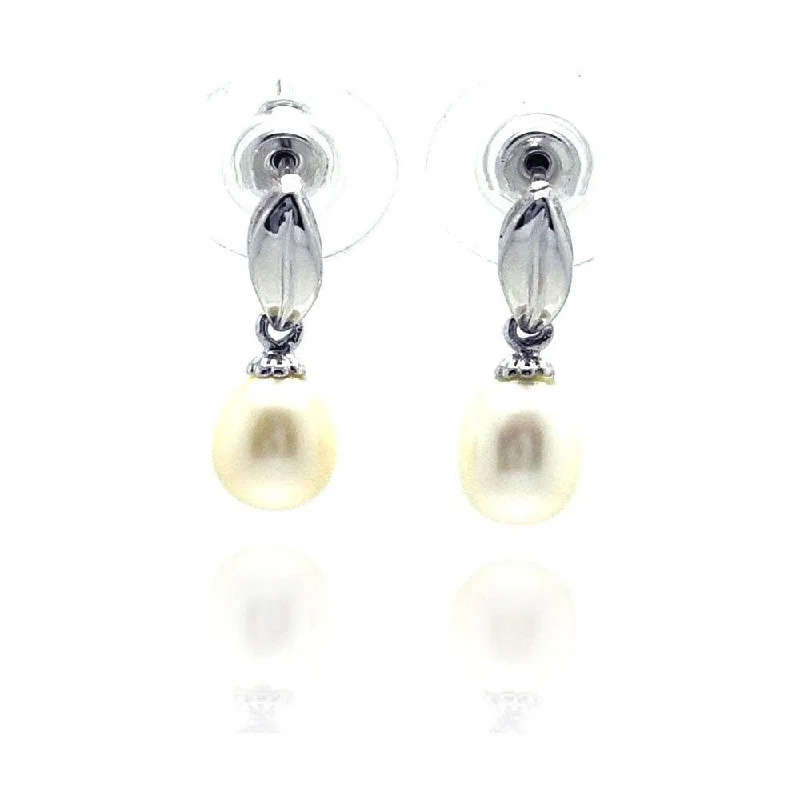 ladies-tassel-pearl-earrings-Silver 925 Rhodium Plated Leaf Marquise Fresh Water Pearl Dangling Stud Earrings - BGE00112