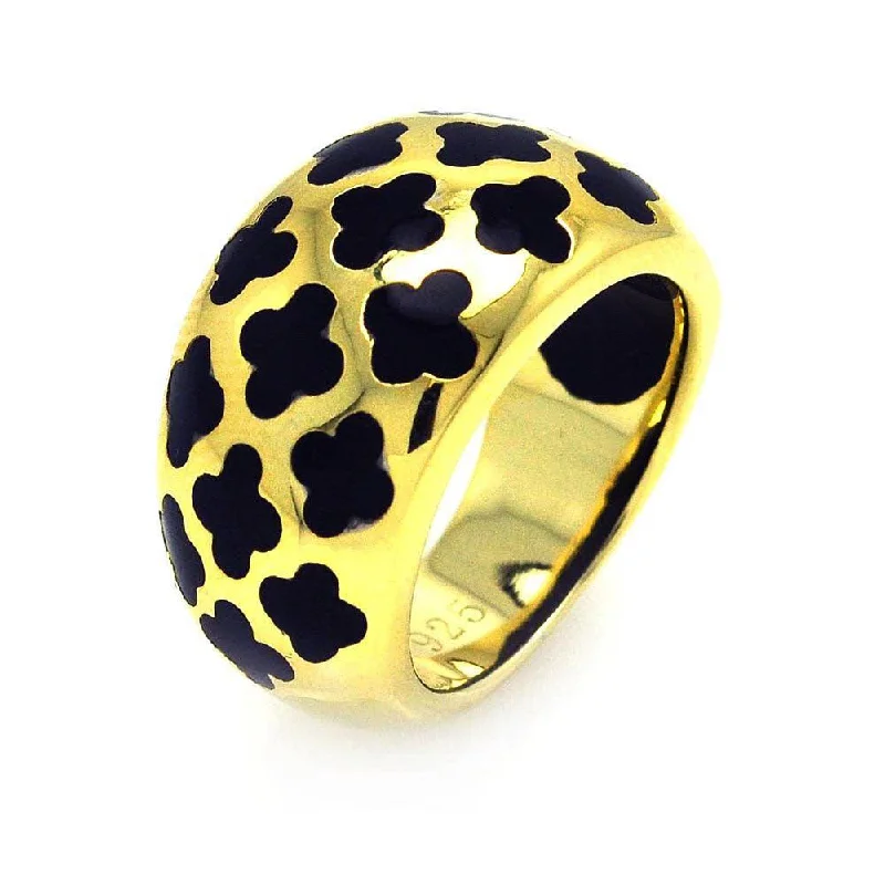 ladies ring winter malachite-Clearance-Sterling Silver Gold Plated Black Enamel Clover Ring - STR00665