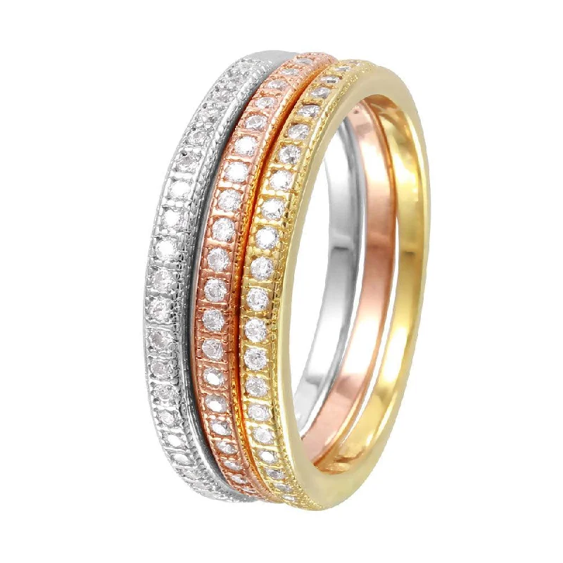 ladies ring chic crossover-Silver 925 Rhodium Plated Tri Color Stackable Rings - BGR00998