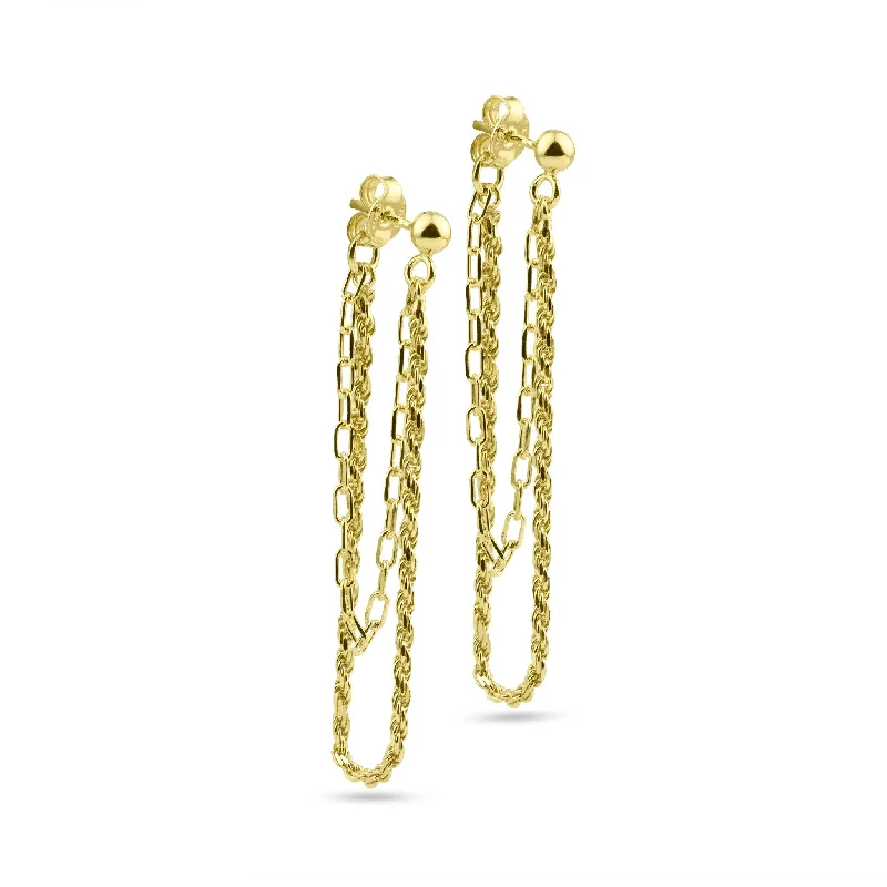 ladies-party-rose-gold-earrings-Gold Plated 925 Sterling Silver Double Strand Rope and Paperclip Stud Earring - ITE00092-GP