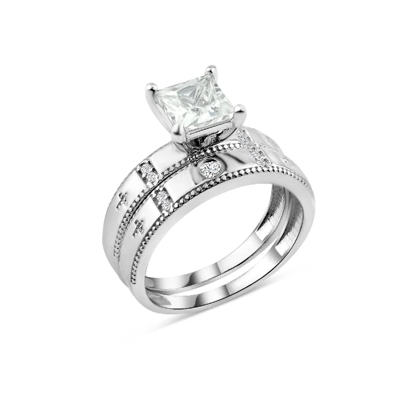 ladies ring spring blossom-Rhodium Plated 925 Sterling Silver Square CZ Cross Shank Design Ring - GMR00285