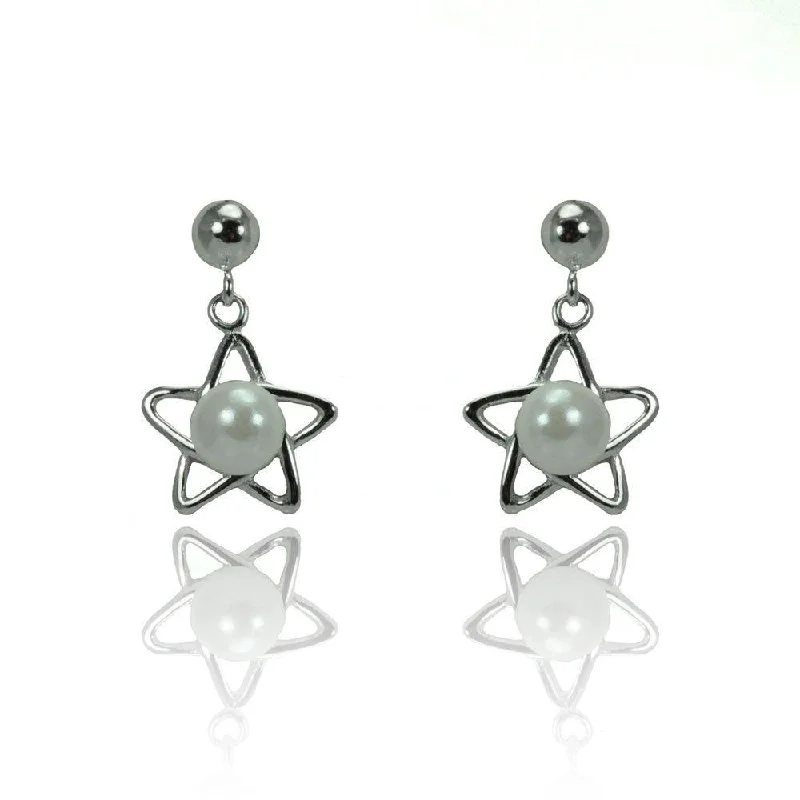 ladies-gemstone-gold-earrings-Silver 925 Rhodium Plated Open Start Dangling Synthetic Pearl Stud Earrings - STE00908