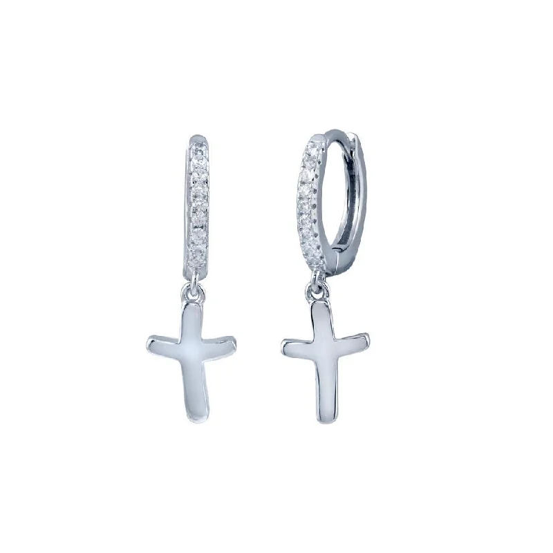 ladies-trendy-earrings-Rhodium Plated 925 Sterling Silver huggie hoop Cross CZ Earring - STE01301