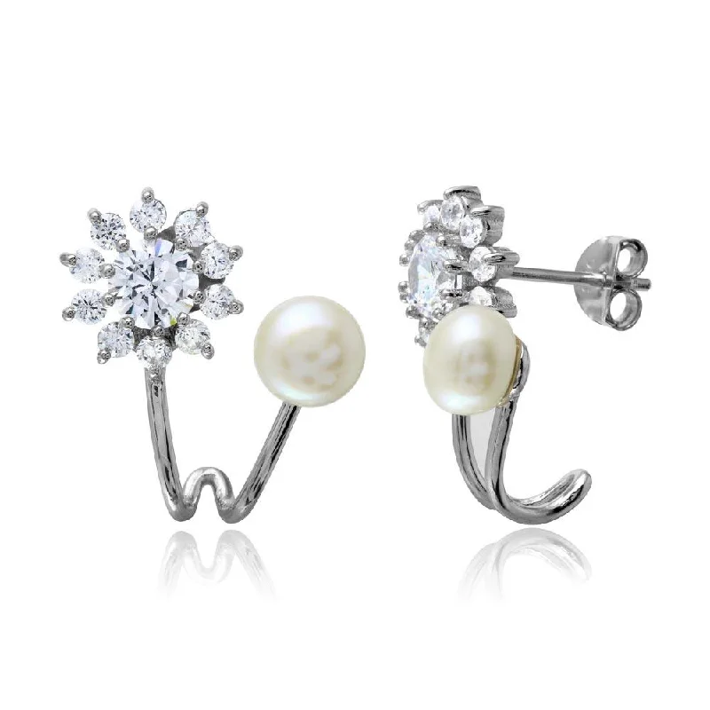 ladies-tassel-silver-earrings-Rhodium Plated 925 Sterling Silver Flower CZ Fresh Water Pearl Earrings - BGE00508