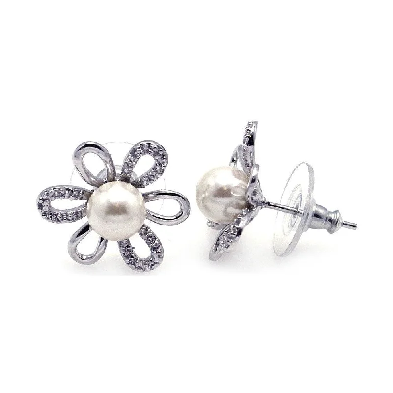 ladies-star-silver-earrings-Silver 925 Rhodium Plated Sunflower CZ Synthetic Pearl Stud Earrings - BGE00111