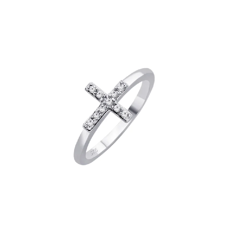 ladies ring lush aventurine-Silver 925 Rhodium Plated Clear CZ Mini Cross Ring - BGR00614