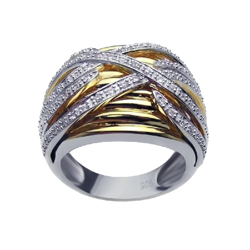 ladies ring valentine’s heart-Clearance-Silver 925 Rhodium and Gold Plated Clear CZ Overlapping Ring - BGR00181