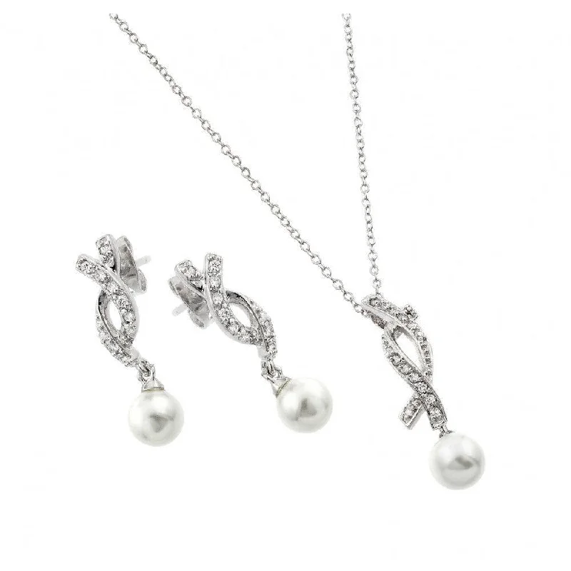 ladies-pearl-gold-earrings-Silver 925 Rhodium Plated Pearl Drop Overlapping Ribbon CZ Hanging Stud Earring and Hanging Necklace Set - BGS00444