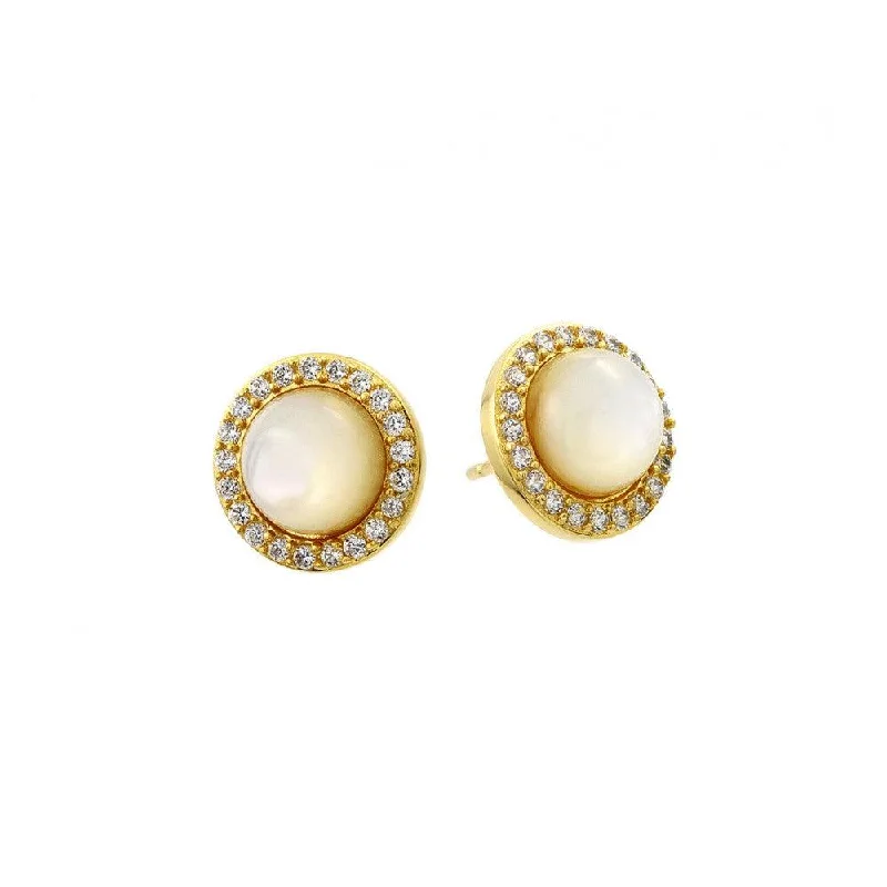 ladies-modern-rose-gold-earrings-Silver 925 Gold Plated Round CZ Outline Center Pearl Stud Earrings - BGE00410GP