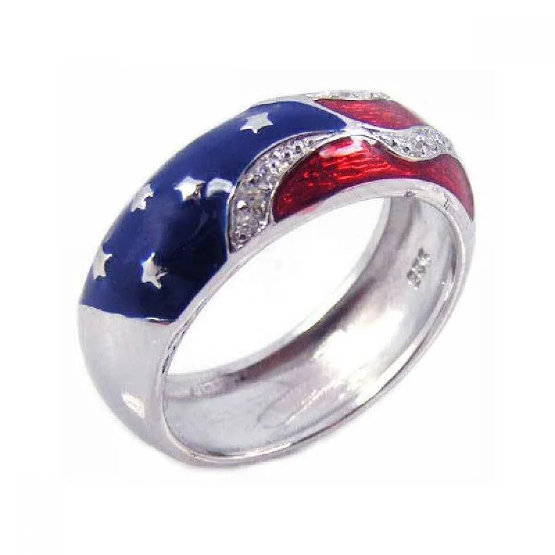 ladies ring deep jade-Silver Rhodium Plated Red, White, and Blue Enamel Pave Set CZ America Ring - STR00473