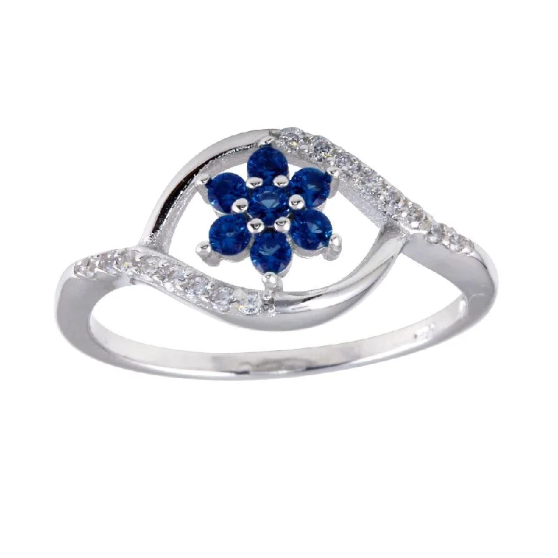 ladies ring polished white gold-Rhodium Plated 925 Sterling Silver Wave Blue Center Flower CZ Ring - BGR01252BLU