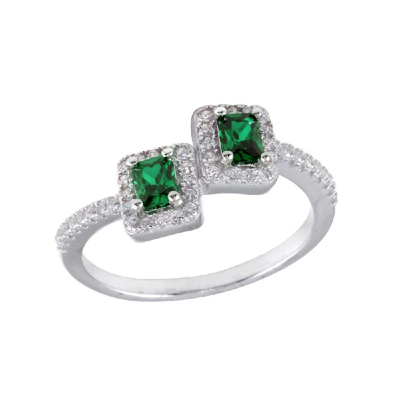 ladies ring holiday sparkle-Rhodium Plated 925 Sterling Silver Double Square Green Center CZ Ring - BGR01254GRN