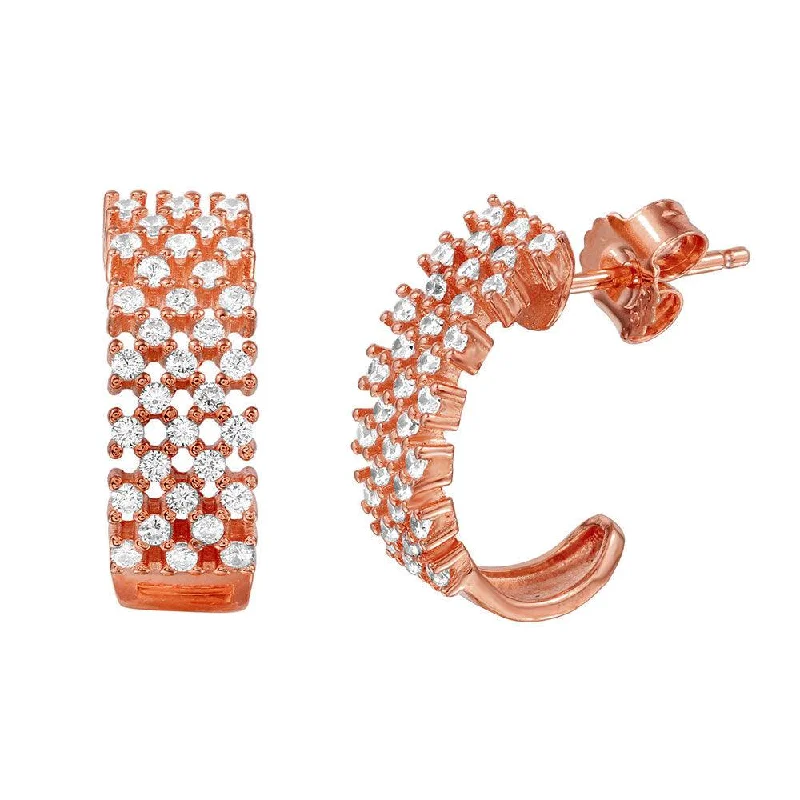 ladies-everyday-earrings-Silver 925 Rose Gold Plated Checkered CZ Semi-huggie hoop Earrings - ACE00082RGP