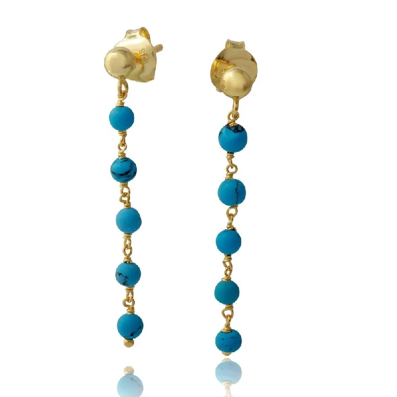 ladies-unique-handmade-earrings-Gold Plated 925 Sterling Silver Dangling Earrings with 5 Turquoise Beads - DIE00006GP-TQ