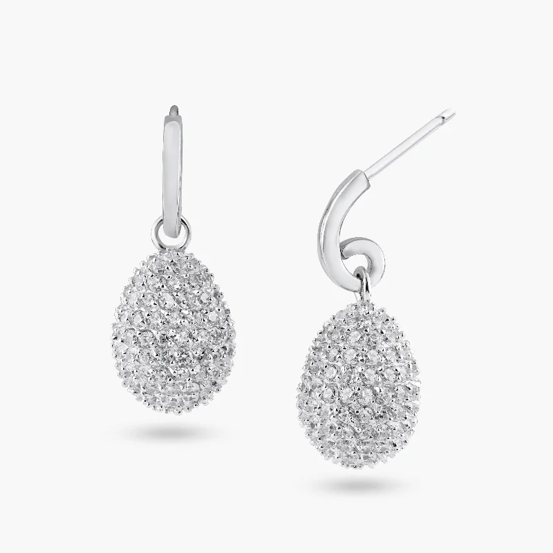 ladies-cross-pearl-earrings-Silver 925 Rhodium Plated Oval Disco Ball Pear CZ Dangling Stud Earrings - BGE00135