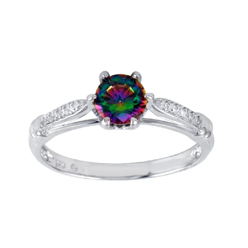 ladies ring engraved sterling silver-Rhodium Plated 925 Sterling Silver Oval Solitaire Synthetic Mystic Topaz CZ Ring - BGR01262