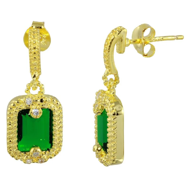 ladies-fashion-diamond-earrings-Gold Plated 925 Sterling Silver Green Rectangle Dangling Earrings - BGE00561GRN