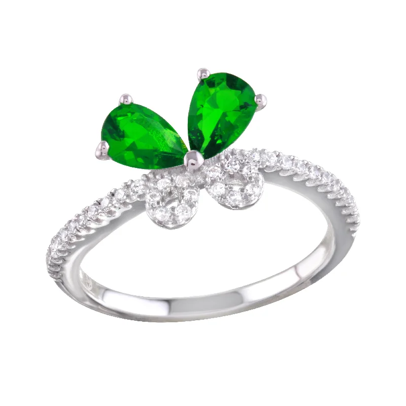 ladies ring satin zirconia-Rhodium Plated 925 Sterling Silver Green Butterfly CZ Ring - BGR01164GRN