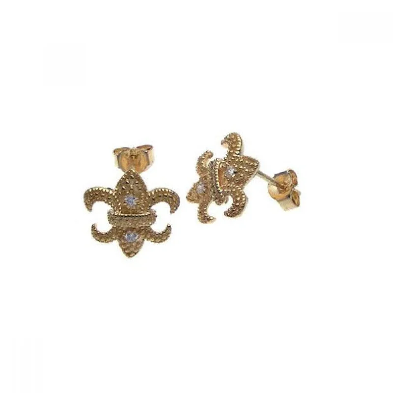 ladies-gift-diamond-earrings-Silver 925 Gold Plated Fleur De Lis CZ Post Earrings - STE00571GP