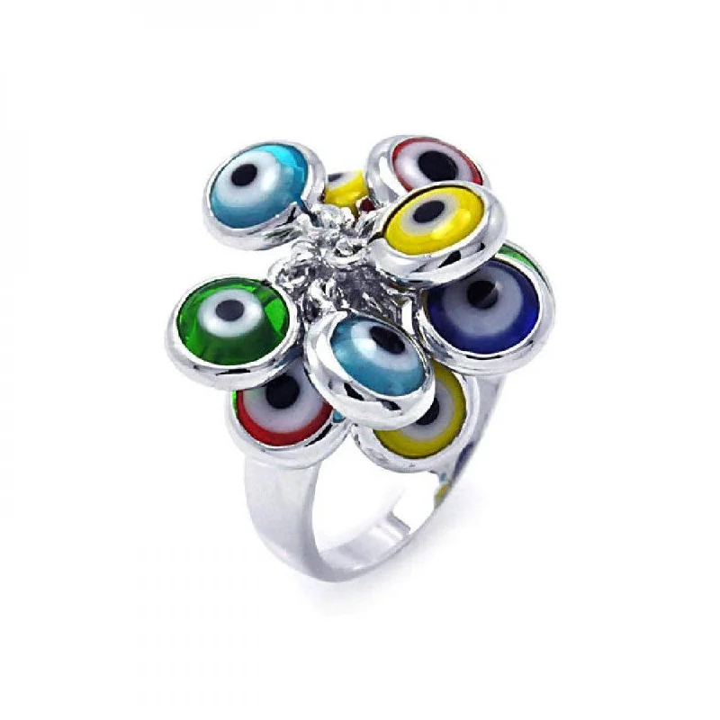 ladies ring bold statement gem-Silver 925 Rhodium Plated Multi Colored Hanging Evil Eye Ring - BGR00258