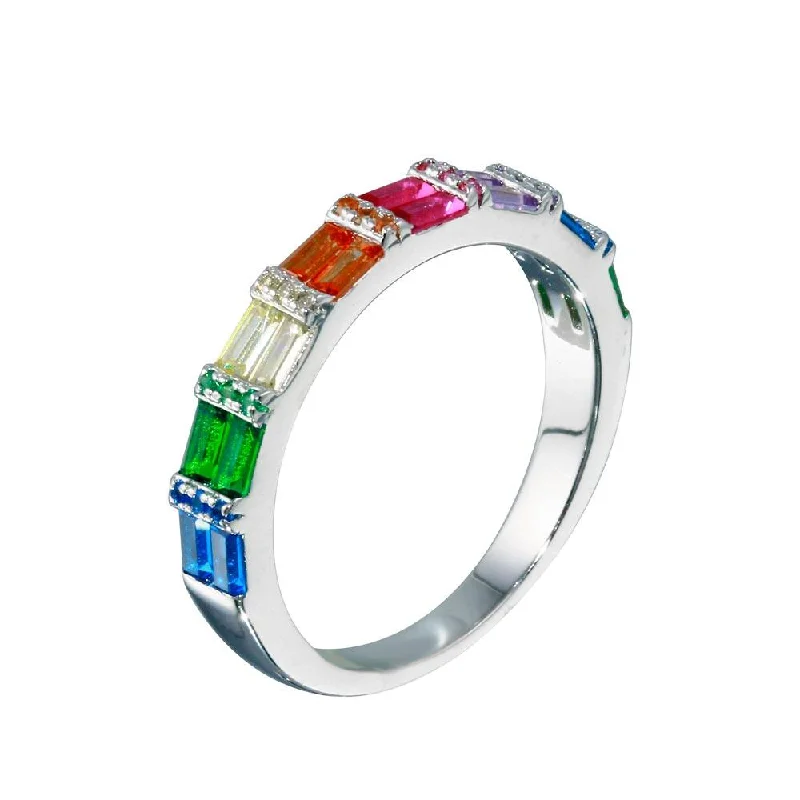 ladies ring bold geometric shape-Rhodium Plated 925 Sterling Silver Multi Color Half Eternity CZ Ring - STR01117