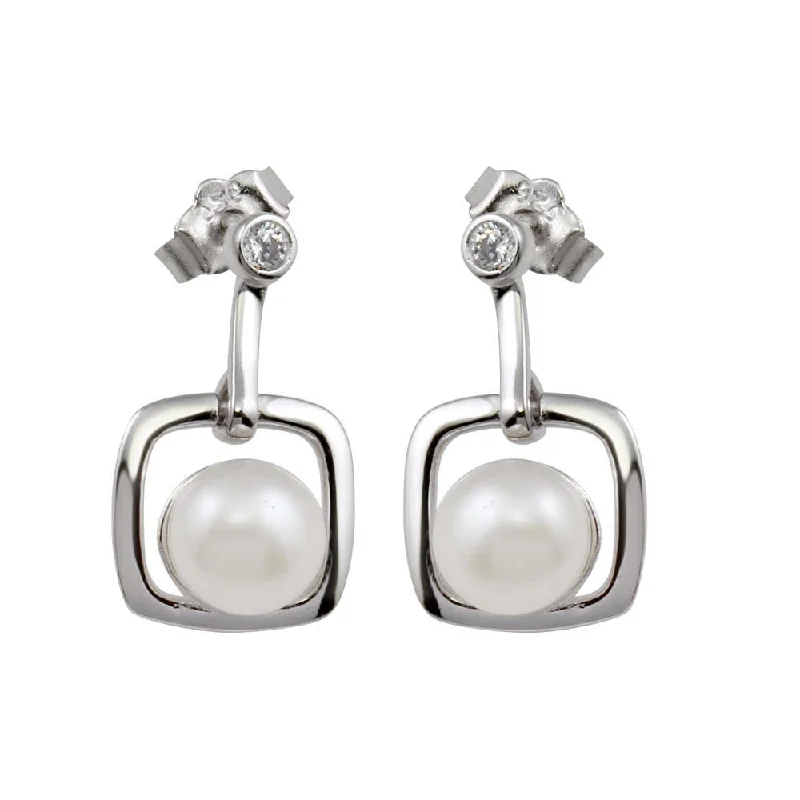 ladies-unique-gold-earrings-Rhodium Plated 925 Sterling Silver Dangling Square Earrings with Synthetic Pearl and CZ - BGE00583