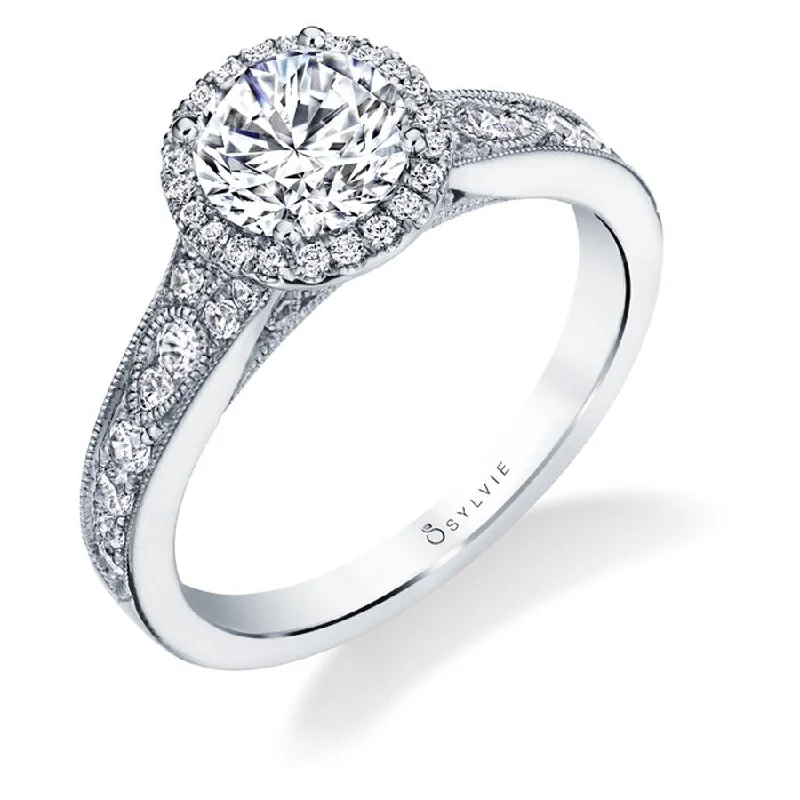 engagement-custom-ring-Sylvie Collection 14K White Gold Round Halo Engagement Ring Setting W. 1.50Ct Round