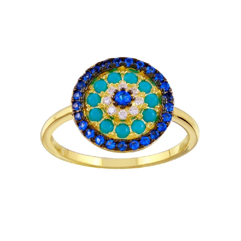 ladies ring lush aventurine-Gold Plated 925 Sterling Silver Turquoise Blue Clear CZ Round Evil Eye Ring - BGR01336