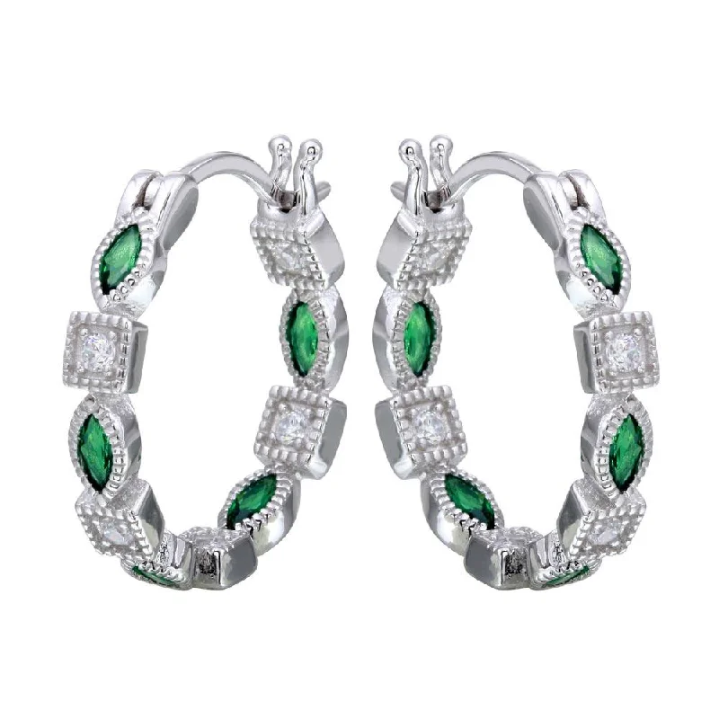 ladies-moon-rose-gold-earrings-Rhodium Plated 925 Sterling Silver Inner and Outer Green Clear CZ Hoop Earrings - STE01122GRN