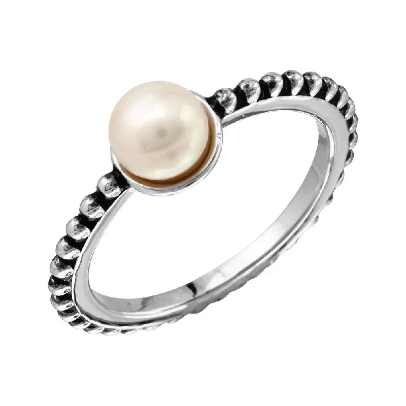 ladies ring unique vine pattern-Rhodium Plated 925 Sterling Silver Beaded Shank Fresh Water Center Pearl Ring - BGR01092