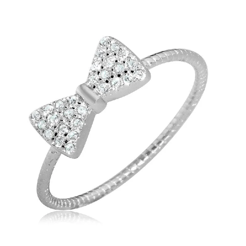 ladies ring brilliant sterling silver-Rhodium Plated 925 Sterling Silver CZ Bow Tie Ring - BGR01072