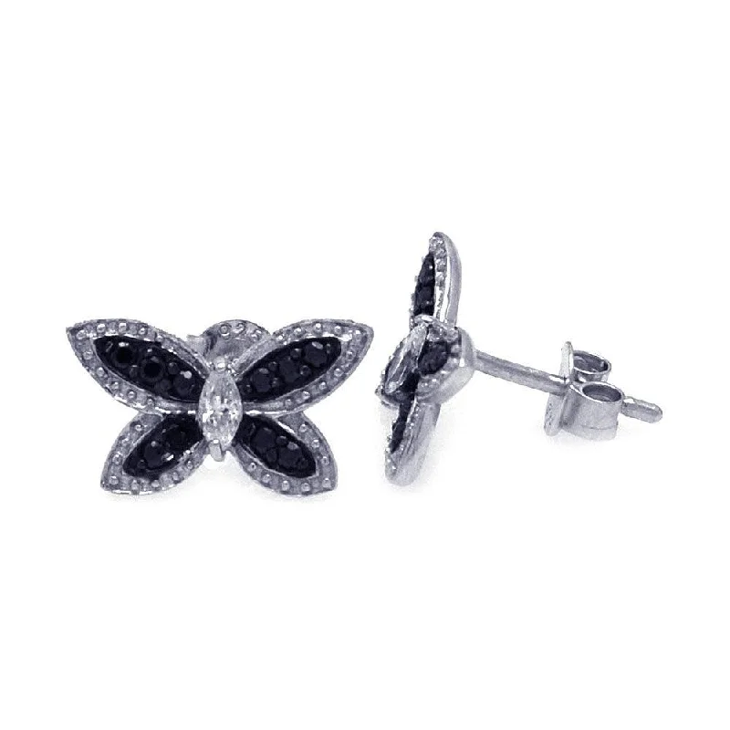 ladies-gemstone-hoop-earrings-Silver 925 Black and Silver Rhodium Plated Black Butterfly CZ Stud Earrings - STE00697