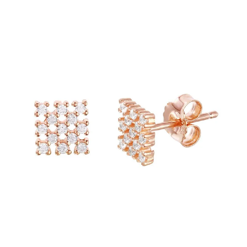 ladies-gift-rose-gold-earrings-Silver 925 Rose Gold Plated Small Square Checkered CZ Stud Earrings - ACE00078RGP