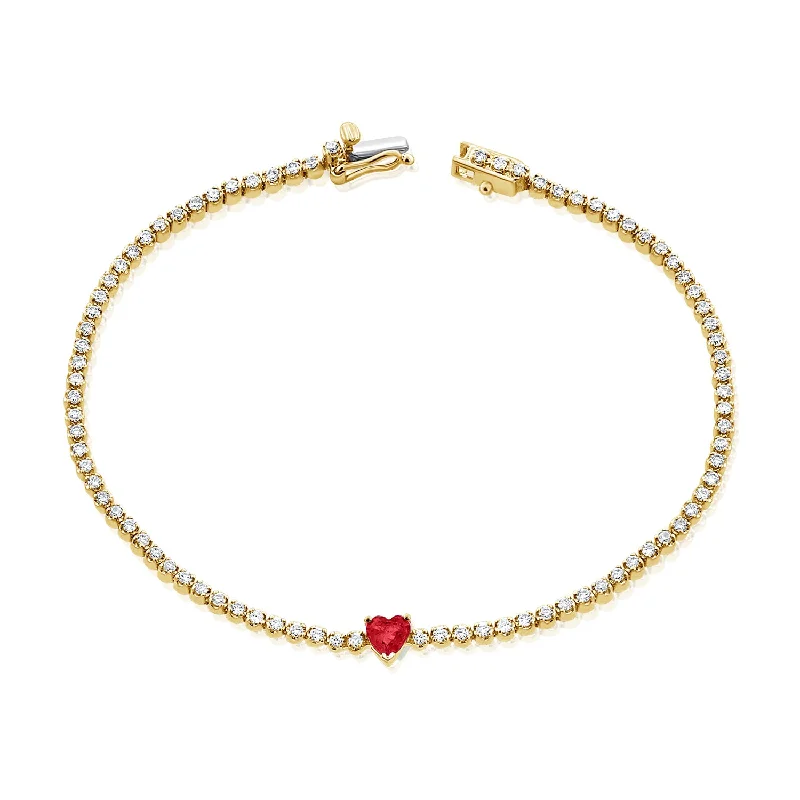 Ladies bracelets for expos -Enchanting 14K Gold Ruby Heart and Diamond Tennis Bracelet