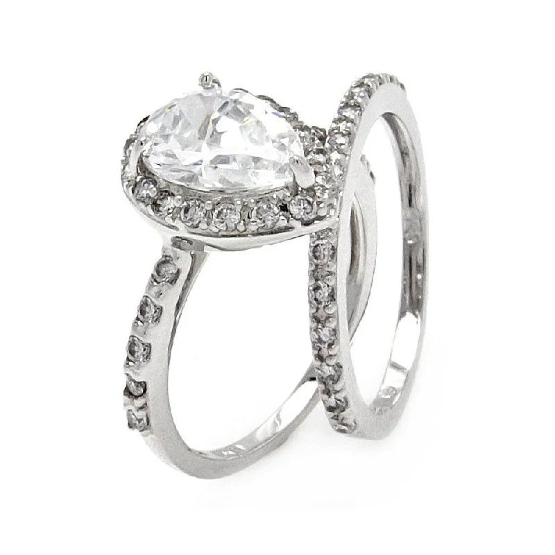 ladies ring chic crossover-Silver 925 Rhodium Plated Clear Pear Shaped CZ Bridal Ring Set - BGR00530