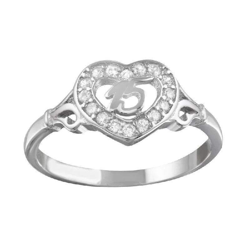 ladies ring bold geometric shape-Rhodium Plated 925 Sterling Silver Heart 15 Ring with CZ - TMR00002