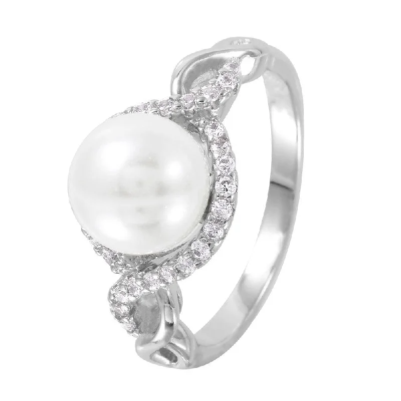 ladies ring unique vine pattern-Silver 925 Rhodium Plated CZ Accented Faux Pearl Ring - BGR01000