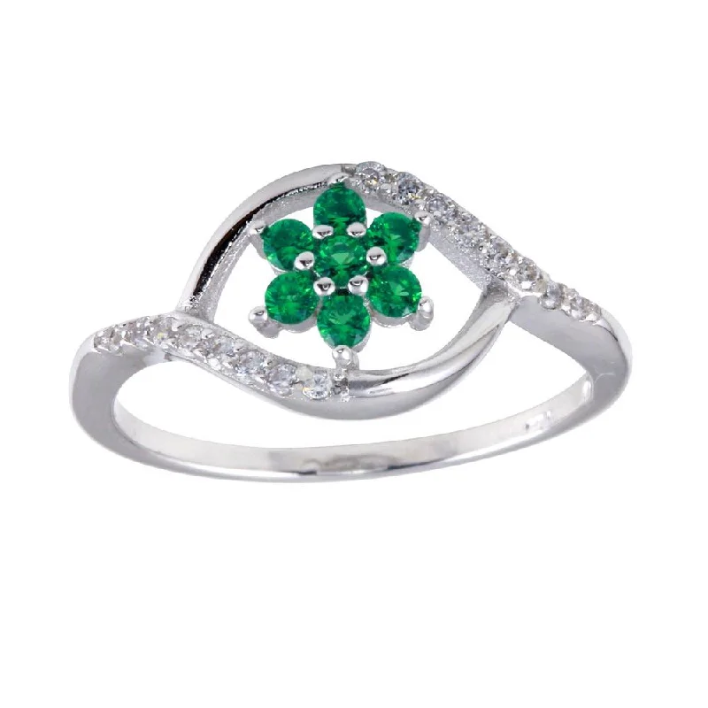 ladies ring satin sterling silver-Rhodium Plated 925 Sterling Silver Wave Green Center Flower CZ Ring - BGR01252GRN